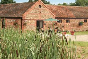 Rustic brick cottage with a tile roof seen through tall garden reeds; patio seating under a green umbrella in front of the entrance.