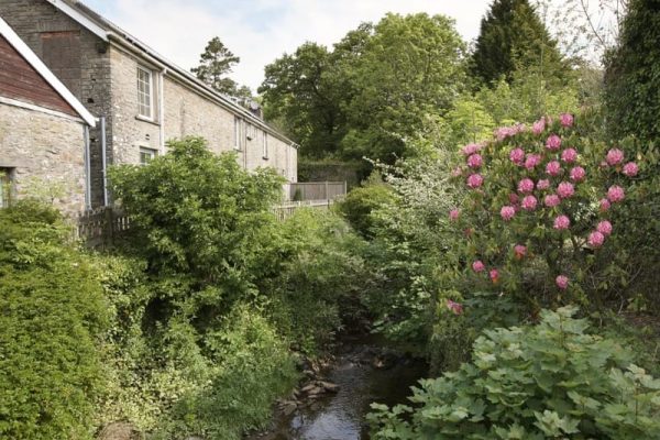 Stone houses line a lush garden with a narrow creek and pink flowering bushes on the right.
